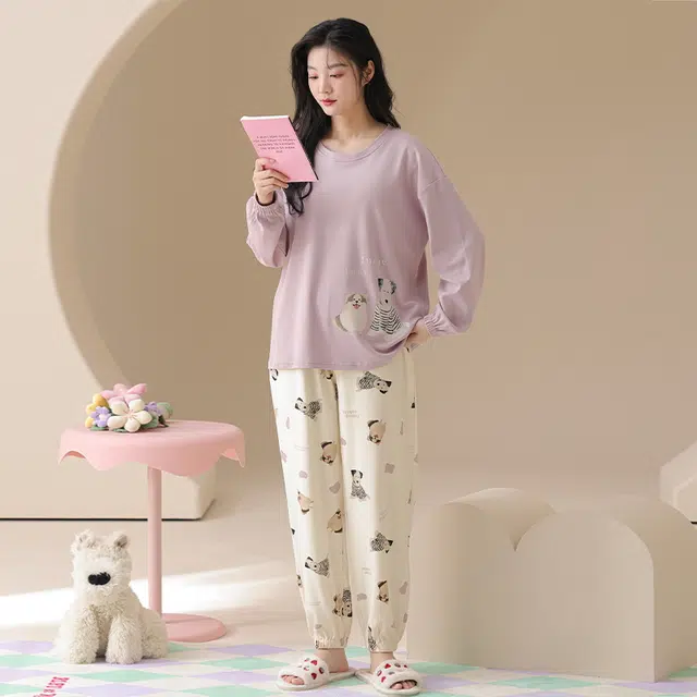 顶瓜瓜 小狗图案带胸垫简约舒适纯棉面料可外穿家居服睡衣套装 女款