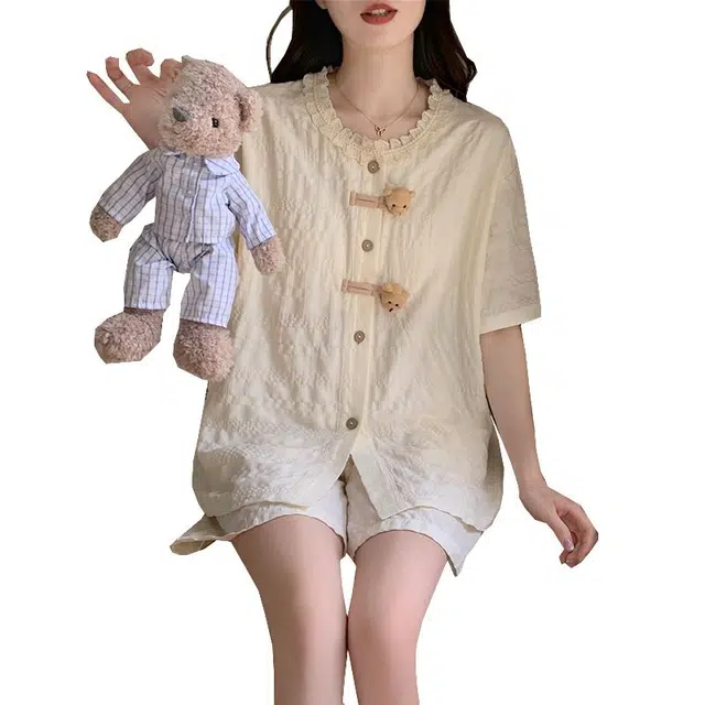 顶瓜瓜 舒适简约休闲透气宽松两件套家居服夏季睡衣套装 女款