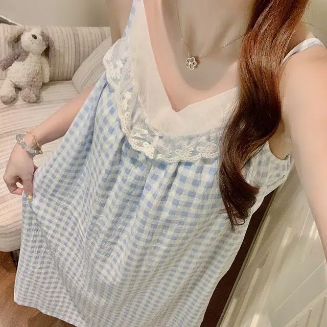 顶瓜瓜 云朵棉带胸垫性感吊带长裙可爱甜美简约格子家居服夏季睡裙 女款