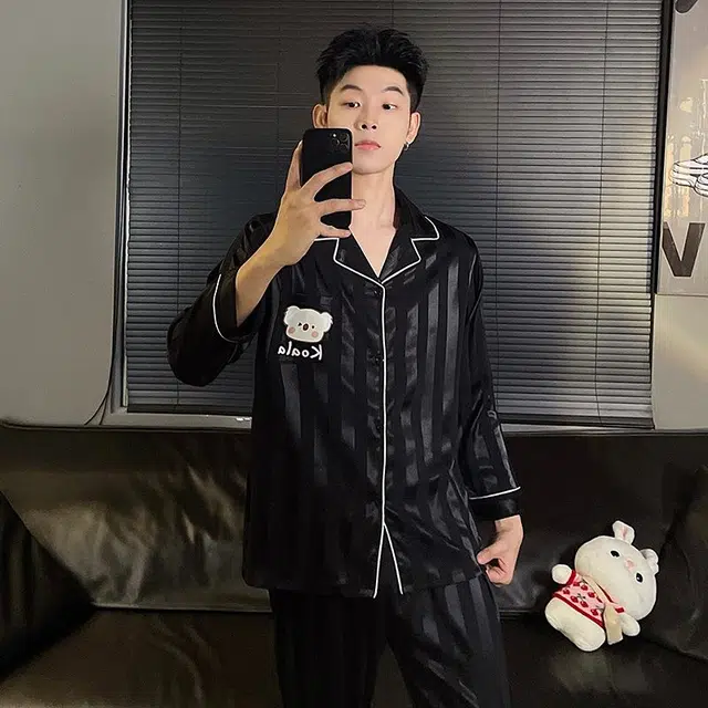 顶瓜瓜 翻领条纹卡通小熊简约风休闲舒适家居服睡衣套装 男款