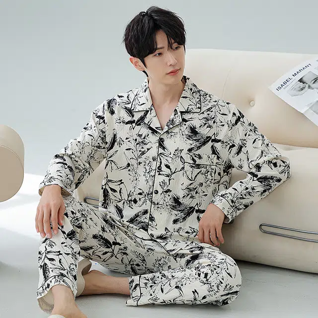 顶瓜瓜 花草满印翻领设计简约舒适可外穿家居服睡衣套装 男款