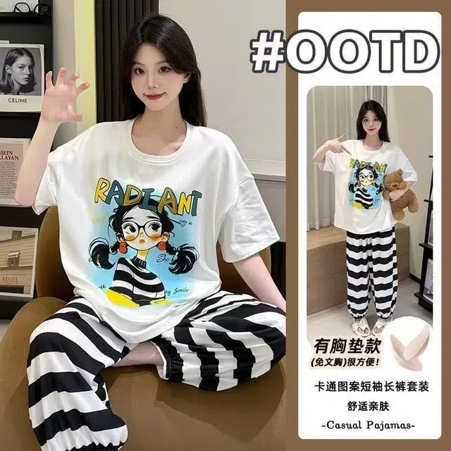 顶瓜瓜 棉质短袖长裤圆领套头可爱卡通女孩条纹休闲家居服夏季睡衣礼盒 女款