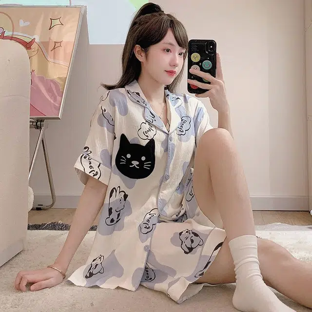 顶瓜瓜 短袖短裤翻领开衫可爱卡通小猫色块两件套家居服夏季睡衣套装 女款