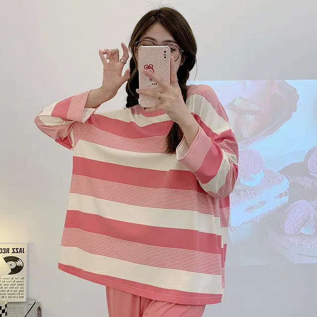 顶瓜瓜 渐变圆领条纹图案设计简约舒适可外穿家居服睡衣套装 女款