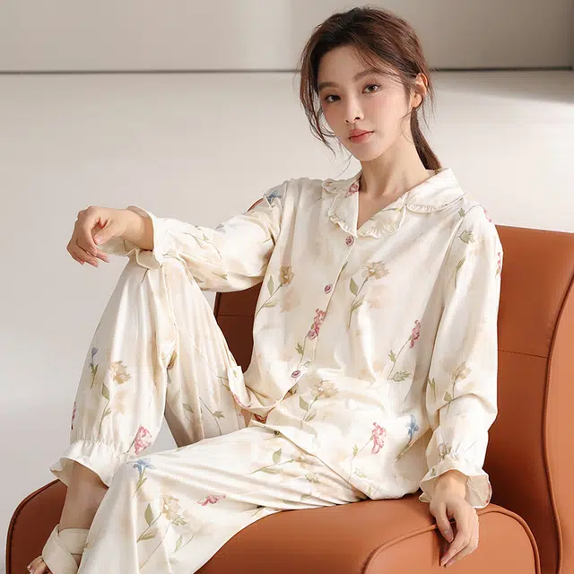 顶瓜瓜 国风长袖长裤休闲舒适花边家居服睡衣套装 女款