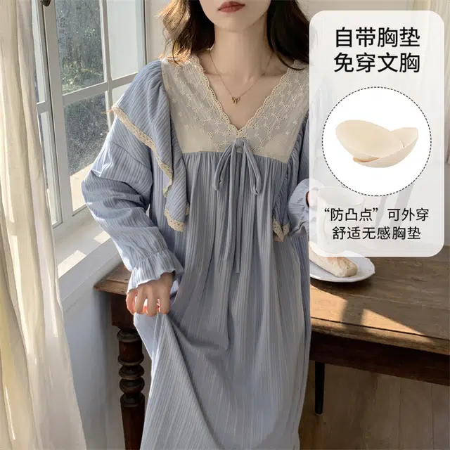 顶瓜瓜 带胸垫家居简约透气舒适长袖服睡裙 女款