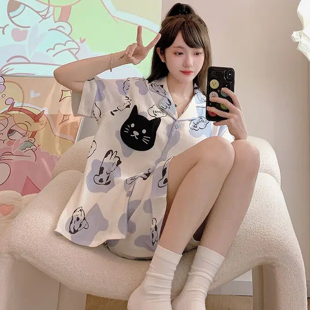顶瓜瓜 短袖短裤翻领开衫可爱卡通小猫色块两件套家居服夏季睡衣套装 女款
