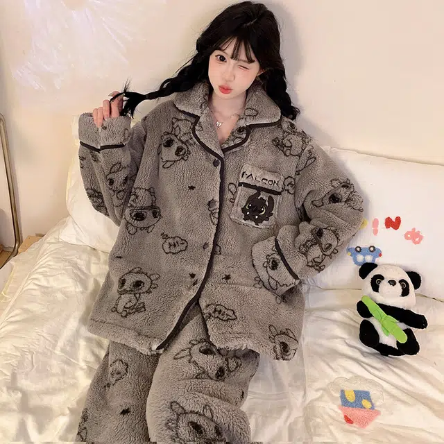顶瓜瓜 冬季翻领卡通小飞龙时尚甜美风珊瑚绒加绒加厚保暖休闲家居服睡衣套装 女款