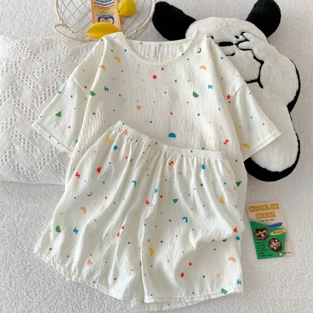 顶瓜瓜 云朵棉短袖短裤圆领套头彩色几何图形简约家居服夏季睡衣礼盒 女款