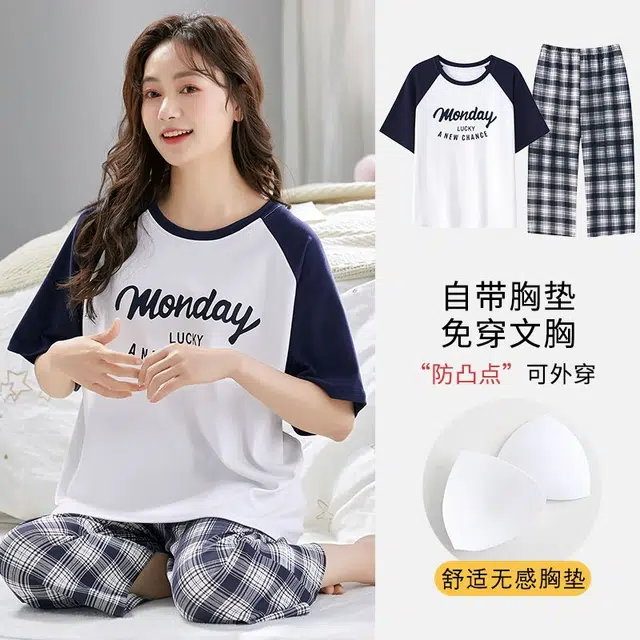 顶瓜瓜 带胸垫时尚休闲舒适亲肤家居服短袖七分裤夏季睡衣套装 女款