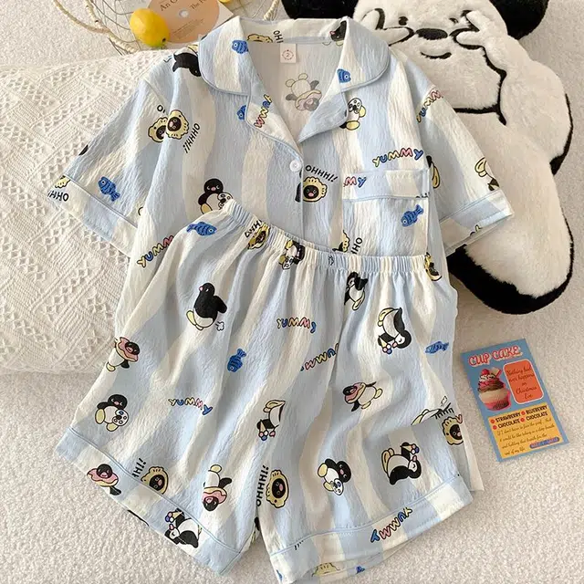 顶瓜瓜 夏季女透气舒适简约设计翻领卡通企鹅图案家居服睡衣套装 女款