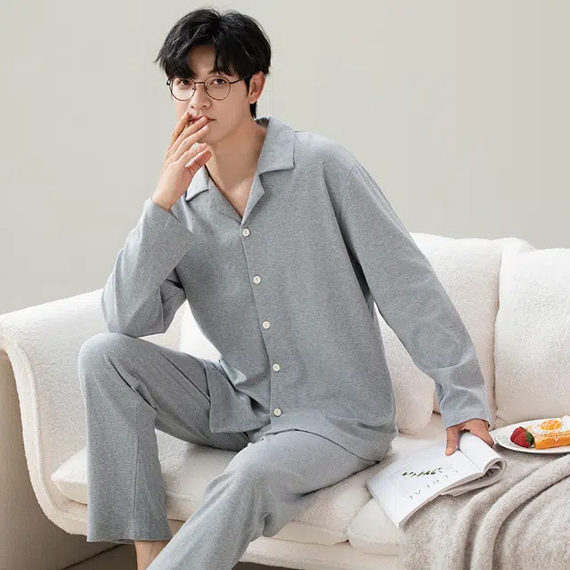 顶瓜瓜 长袖长裤简约风格翻领开衫舒适轻松睡衣套装 男款