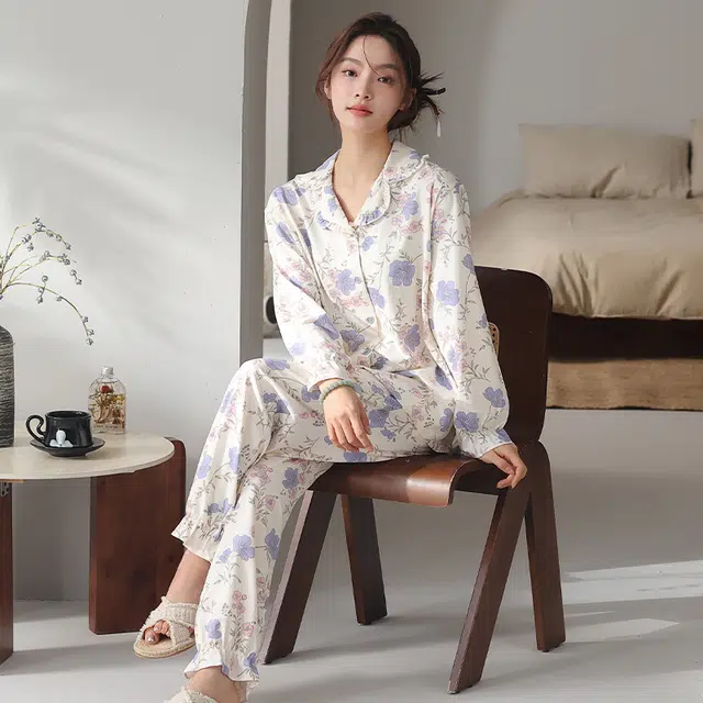 顶瓜瓜 国风长袖长裤休闲甜美舒适花朵家居服睡衣套装 女款