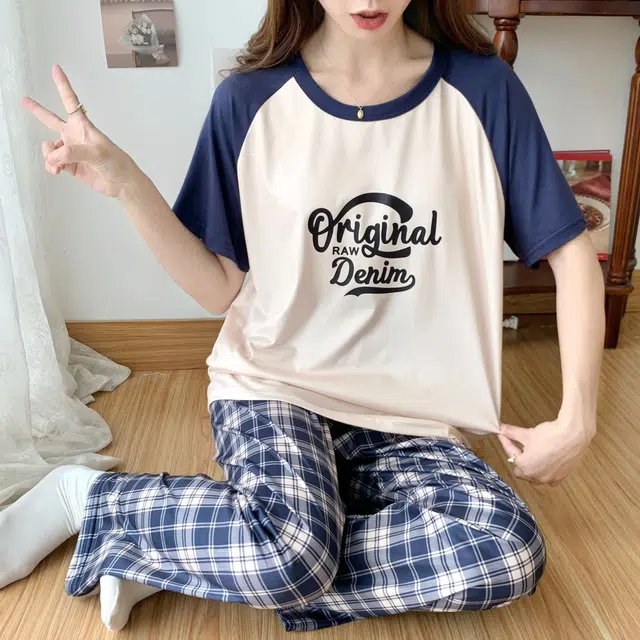 顶瓜瓜 夏季女透气简约休闲高级感短袖长裤家居服睡衣套装 女款