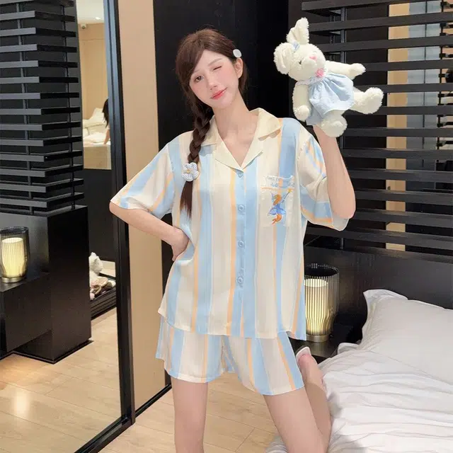 顶瓜瓜 夏季女舒适休闲高级感透气简约短袖家居服睡衣套装 女款