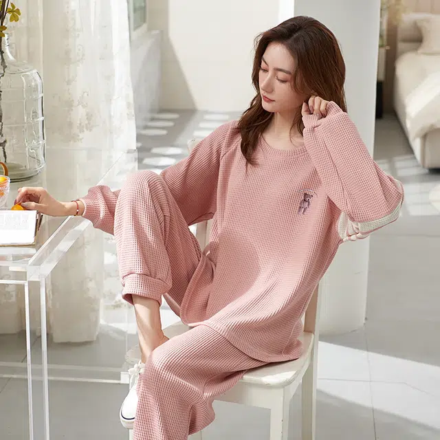 顶瓜瓜 带小熊图案圆领长袖简约舒适亲肤透气可外穿家居服睡衣套装 女款