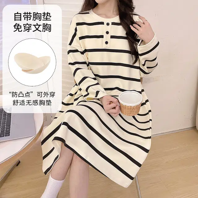 顶瓜瓜 带胸垫简约设计透气舒适长袖家居服睡裙 女款