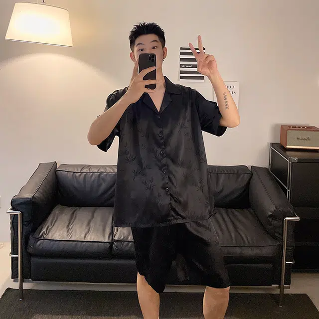 顶瓜瓜 家居男透气竹叶图案轻便简约设计服睡衣套装 男款