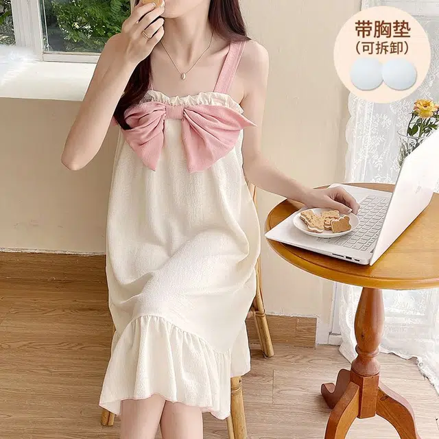 顶瓜瓜 带胸垫可拆卸性感无袖吊带中长裙甜美可爱蝴蝶结家居服睡裙 女款