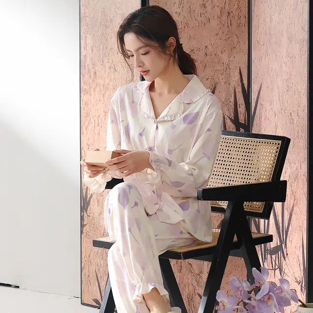 顶瓜瓜 国风长袖长裤休闲舒适花瓣家居服睡衣套装 女款