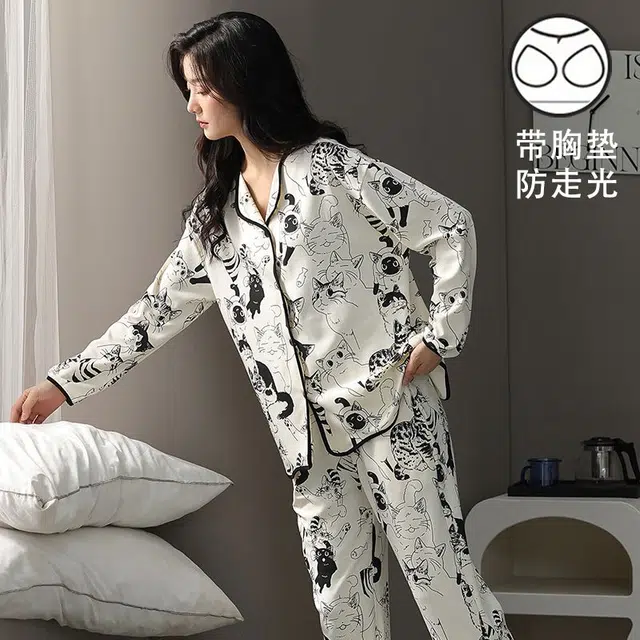 顶瓜瓜 仿棉女长袖长裤带胸垫开衫时尚休闲女家居服睡衣套装 女款