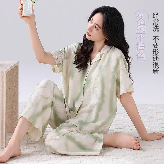 顶瓜瓜 云朵棉带胸垫短袖长裤翻领开衫小清新两件套家居服夏季 睡衣套装 女款