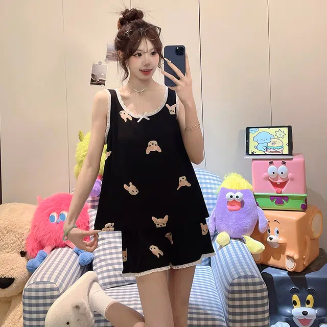 顶瓜瓜 吊带性感卡通法斗犬圆领无袖带胸垫家居服睡衣套装 女款 图片色