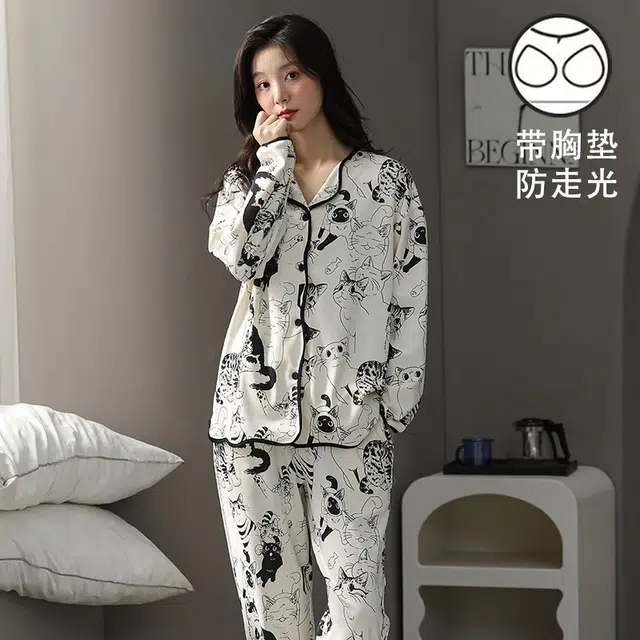 顶瓜瓜 仿棉女长袖长裤带胸垫开衫时尚休闲女家居服睡衣套装 女款