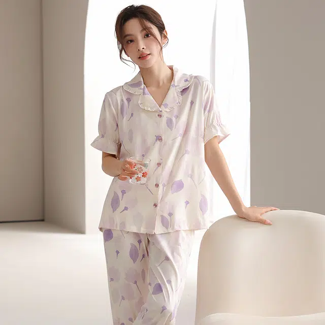 顶瓜瓜 国风灯笼短袖长裤花瓣休闲舒适家居服睡衣套装 女款