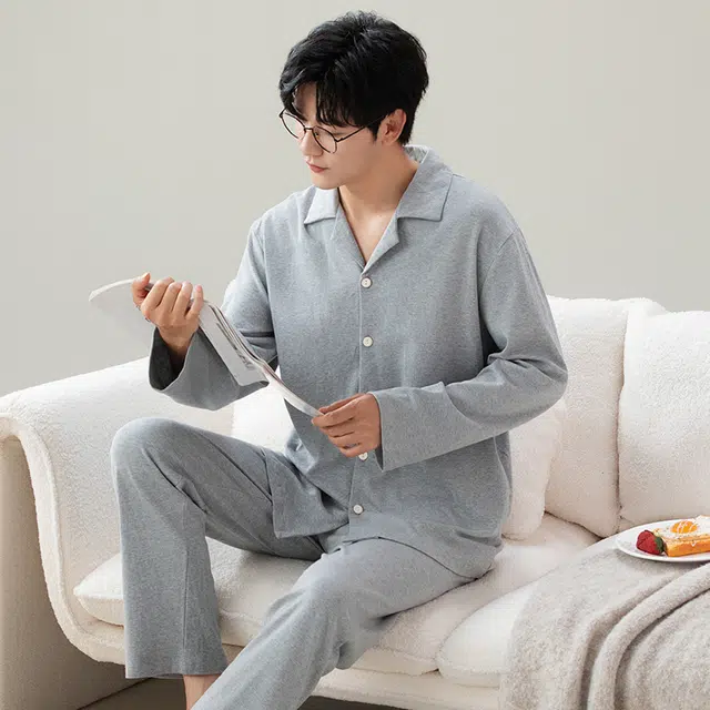 顶瓜瓜 长袖长裤简约风格翻领开衫舒适轻松睡衣套装 男款