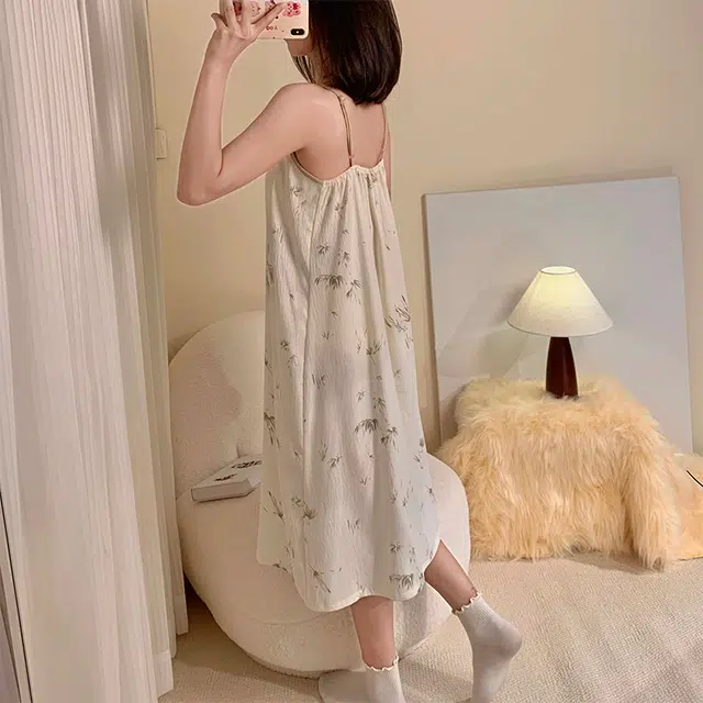 顶瓜瓜 云朵棉带胸垫性感吊带长裙套头简约舒适竹叶休闲家居服夏季睡裙 女款