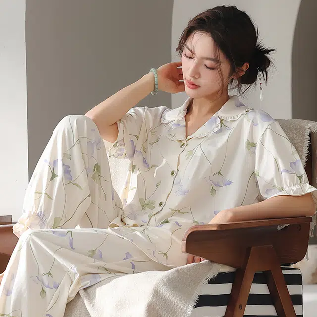 顶瓜瓜 国风短袖长裤小清新休闲舒适家居服睡衣套装 女款
