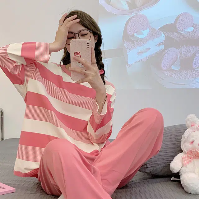 顶瓜瓜 渐变圆领条纹图案设计简约舒适可外穿家居服睡衣套装 女款