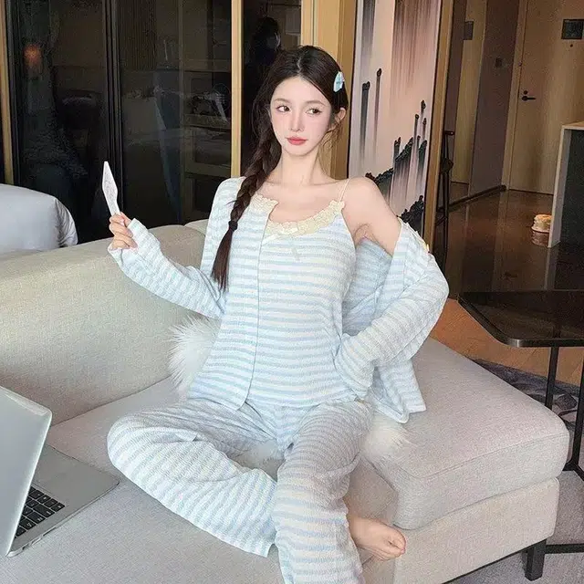 顶瓜瓜 夏季女透气舒适休闲简约甜美宽松家居服睡衣套装 女款