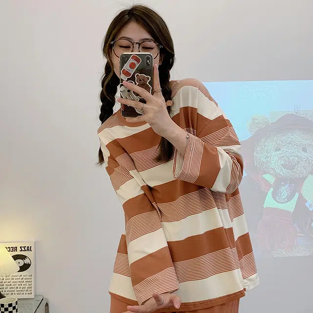 顶瓜瓜 条纹图案渐变圆领设计简约舒适可外穿家居睡衣套装 女款