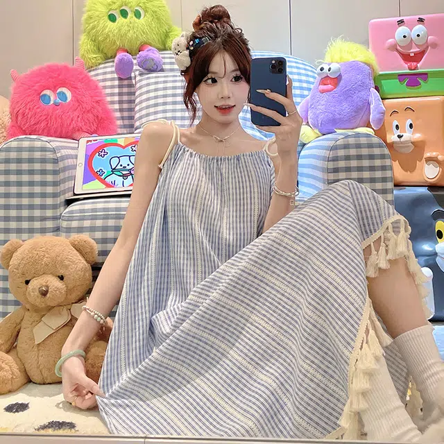 顶瓜瓜 带胸垫性感无袖吊带条纹休闲家居服睡裙 女款 图片色