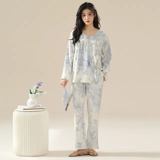 顶瓜瓜 居家舒适休闲简约风长袖复古家居服睡衣套装 女款