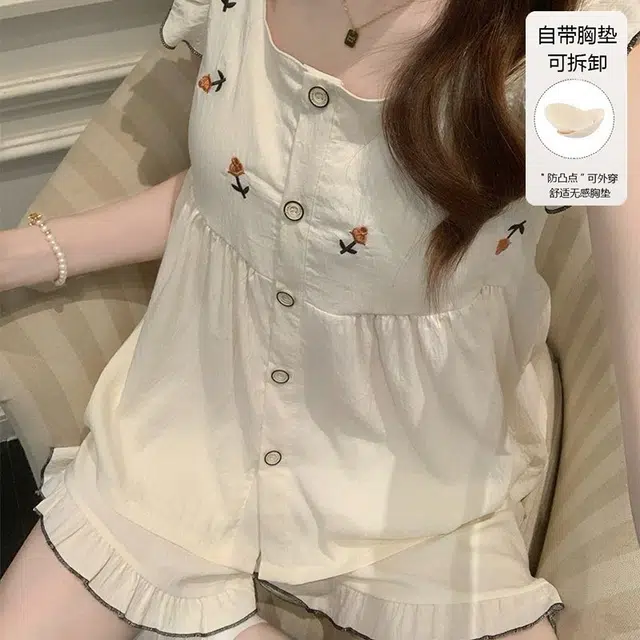 顶瓜瓜 带胸垫夏季女透气舒适休闲宽松家居服睡衣套装 女款