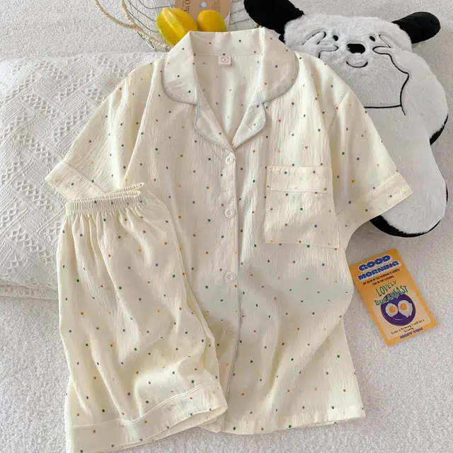 顶瓜瓜 舒适云朵棉开衫翻领甜美少女短袖短裤女士家居服睡衣套装 女款
