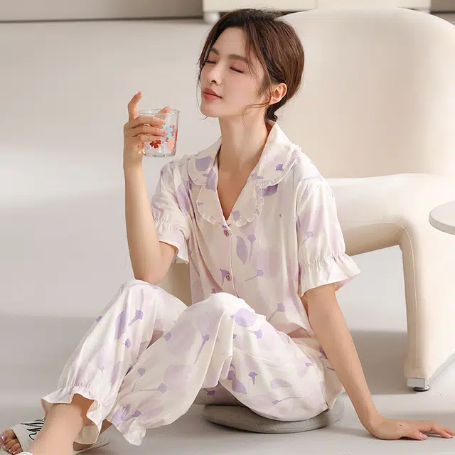 顶瓜瓜 国风灯笼短袖长裤花瓣休闲舒适家居服睡衣套装 女款