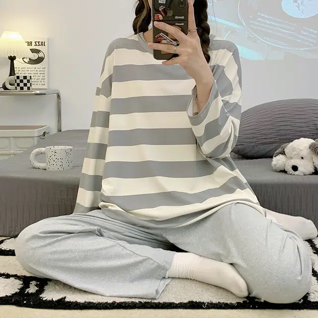 顶瓜瓜 设计简约圆领条纹图案舒适可外穿家居睡衣套装 女款
