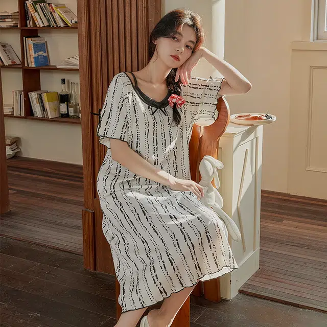 顶瓜瓜 花纹透气亲肤带胸垫短袖简约舒适可外穿家居服睡裙 女款
