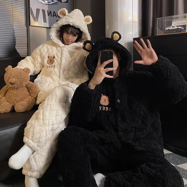 顶瓜瓜 冬季可爱小熊甜美风三层夹棉加绒加厚保暖连帽休闲舒适家居服睡衣套装 男女同款