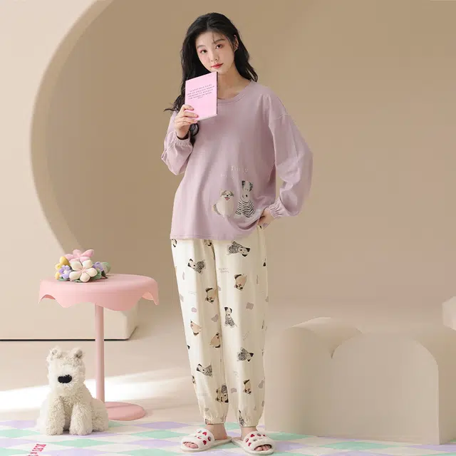 顶瓜瓜 小狗图案带胸垫简约舒适纯棉面料可外穿家居服睡衣套装 女款
