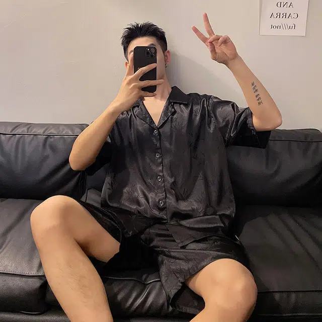 顶瓜瓜 家居男透气竹叶图案轻便简约设计服睡衣套装 男款