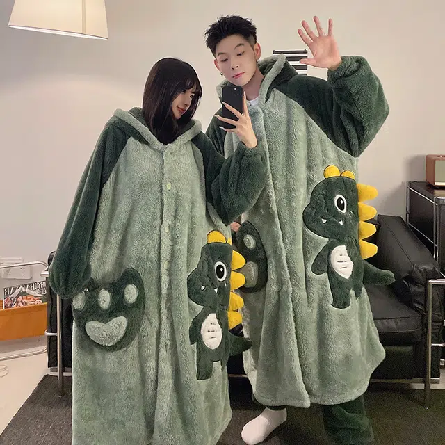 顶瓜瓜 冬季可爱恐龙时尚甜美风珊瑚绒加绒加厚保暖连帽休闲舒适家居服睡衣套装 男女同款