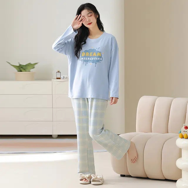 顶瓜瓜 带胸垫简约舒适纯棉可外穿家居服长袖长裤睡衣套装 女款