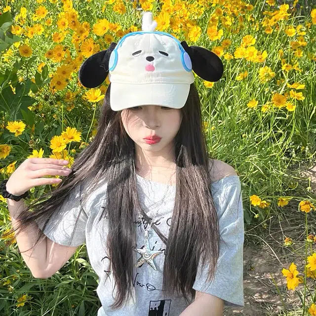 俞兆林 可爱韩式小狗刺绣耳机户外出行防晒遮阳时尚潮流拍照百搭大头围显脸小 棉 鸭舌帽 男女同款情侣款