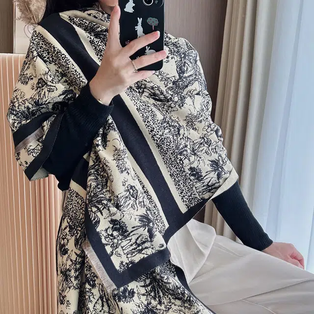 俞兆林 韩版秋冬山水图案仿羊绒保暖防寒加厚 绒线围巾 男女同款情侣款