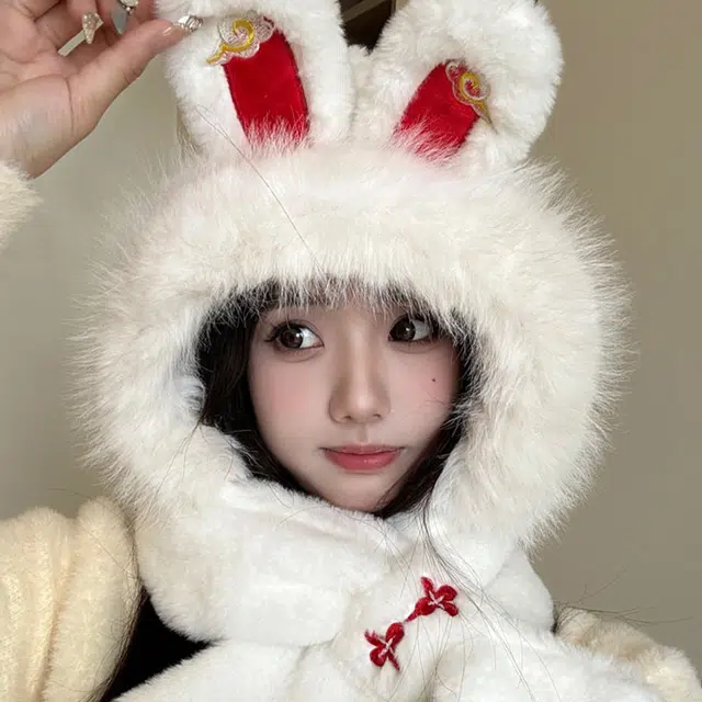 俞兆林 可爱兔子 帽子围巾一体骑行保暖防寒 聚酯纤维 绒线帽 女款